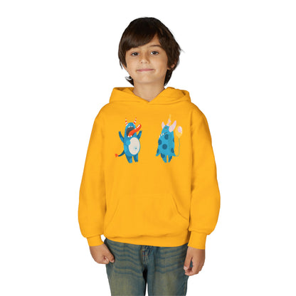 Youth Heavy Blend Hooded Sweatshirt - Blue monsters in action Printify
