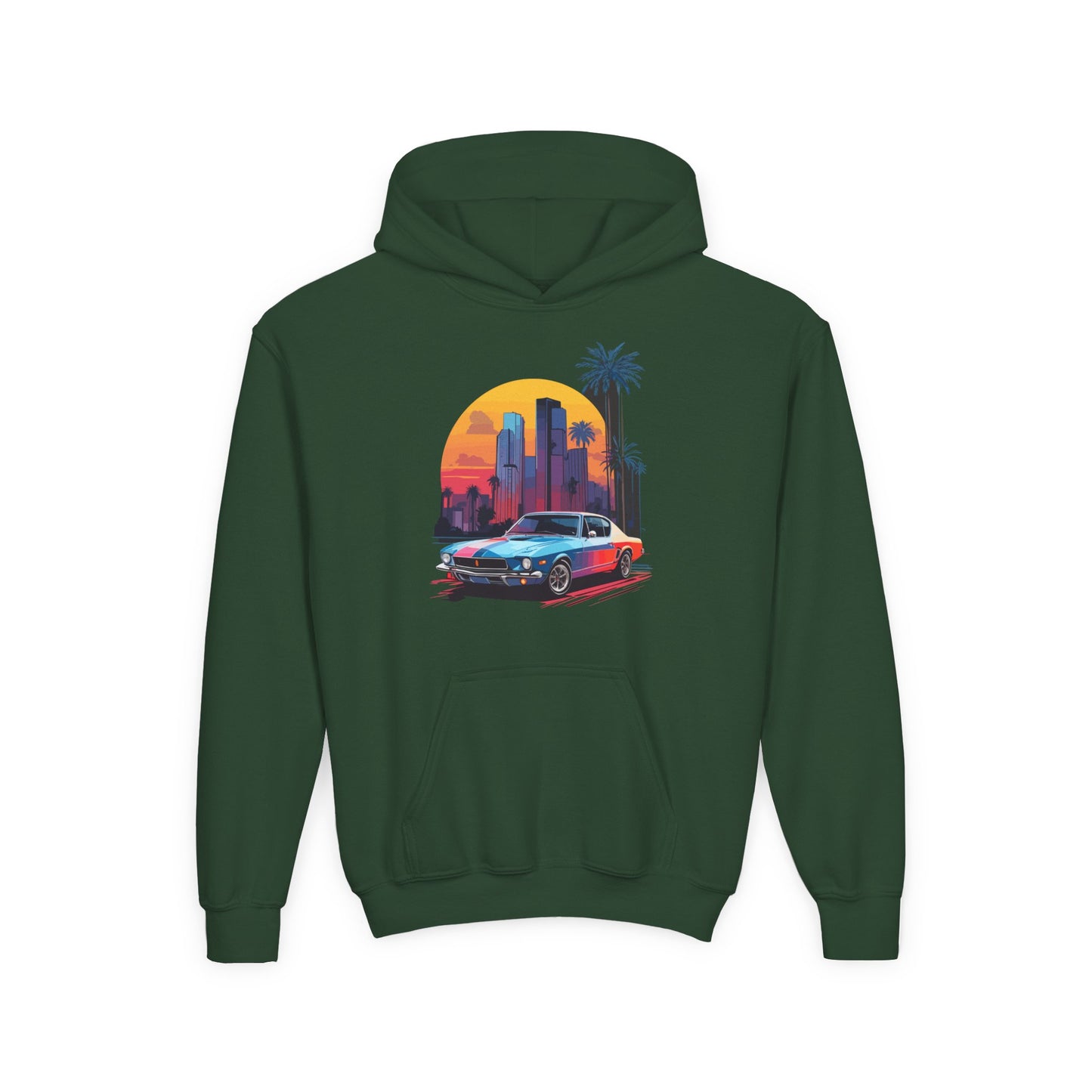Youth Heavy Blend Hooded Sweatshirt - Vintage Car Sunset