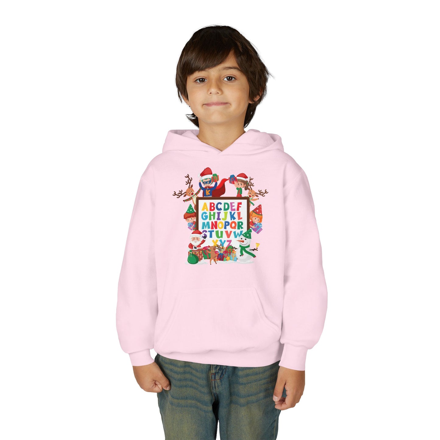 Youth Heavy Blend Hooded Sweatshirt - Christmas alphabet with super kiddo
