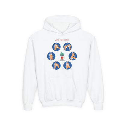 Youth Heavy Blend Hooded Sweatshirt - Super kiddo teaching how to wash hands - [[{"value":"Wonderwear Kid"}]]