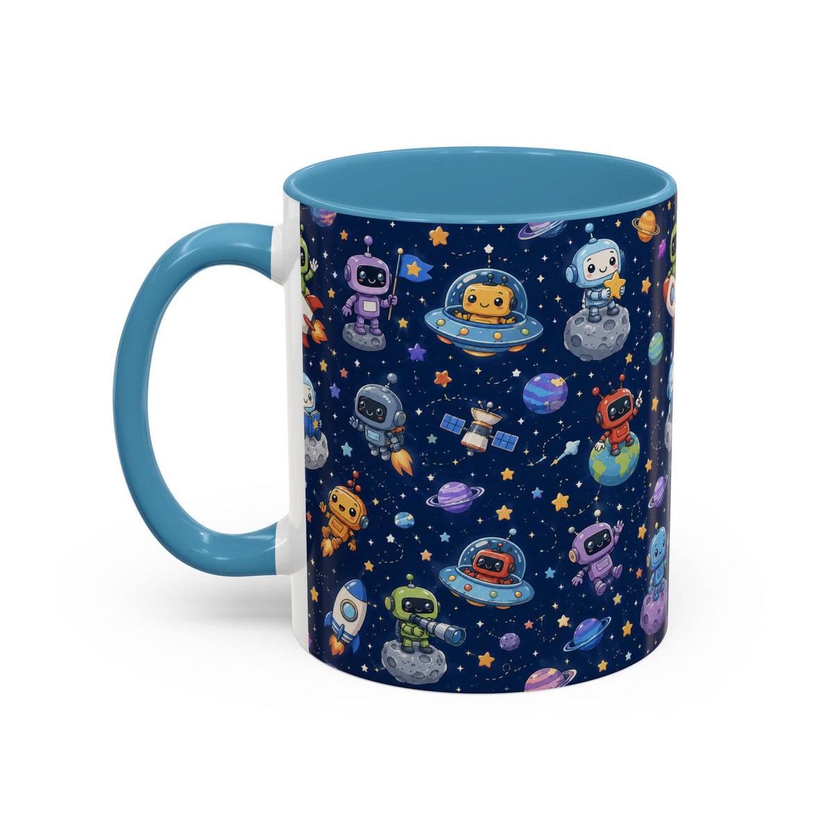 Galactic Robots Accent Coffee Mug — Cute Space Astronaut Pattern (11/15 oz)