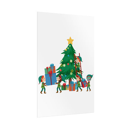 Rolled Posters - Super kiddo putting gifts on christmas tree - [[{"value":"Wonderwear Kid"}]]
