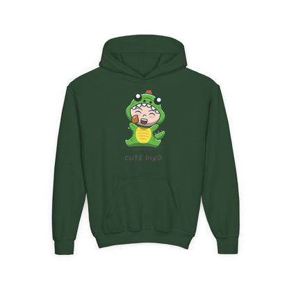 Youth Heavy Blend Hooded Sweatshirt - Green Cute Dino Printify