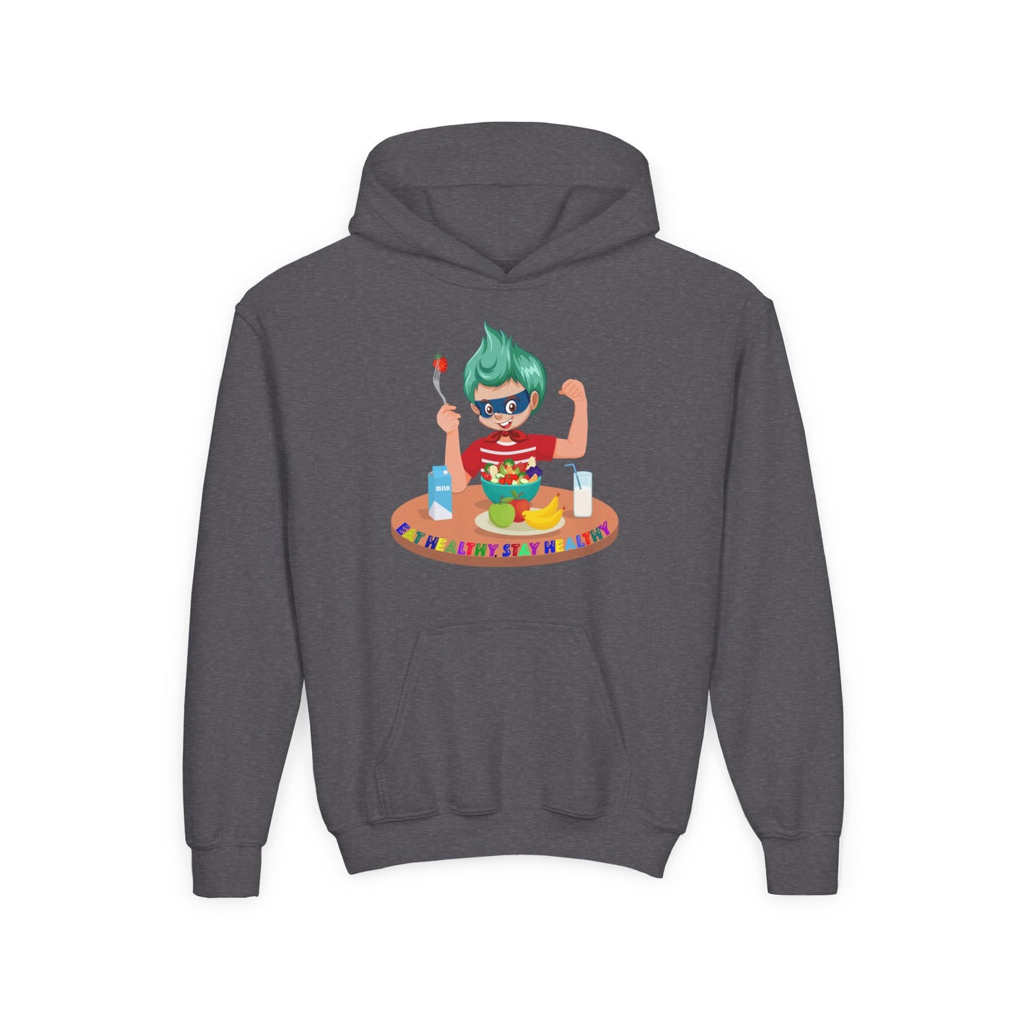 Youth Heavy Blend Hooded Sweatshirt - super kiddo eating healthy food