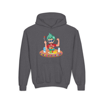 Youth Heavy Blend Hooded Sweatshirt - super kiddo eating healthy food - [[{"value":"Wonderwear Kid"}]]