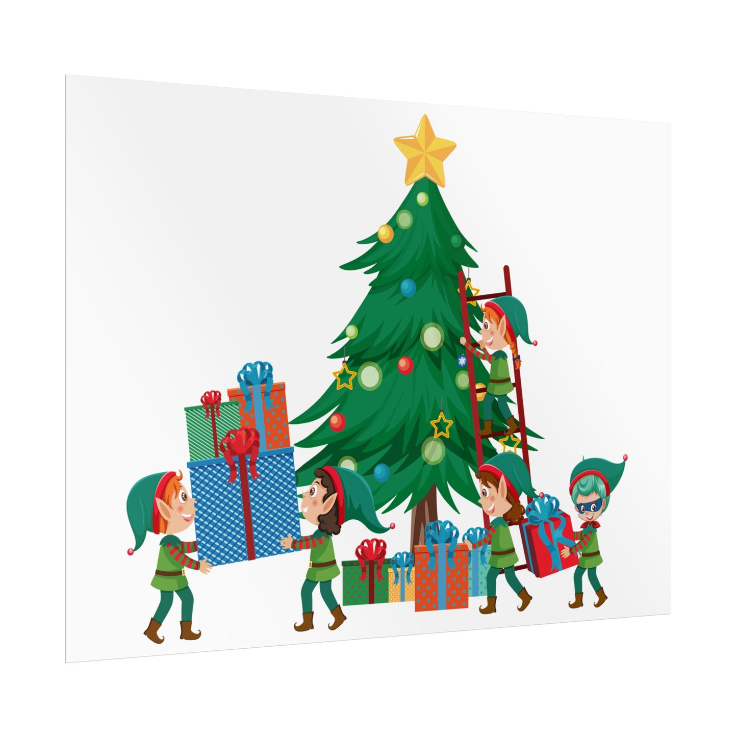 Rolled Posters - Super kiddo putting gifts on christmas tree - [[{"value":"Wonderwear Kid"}]]