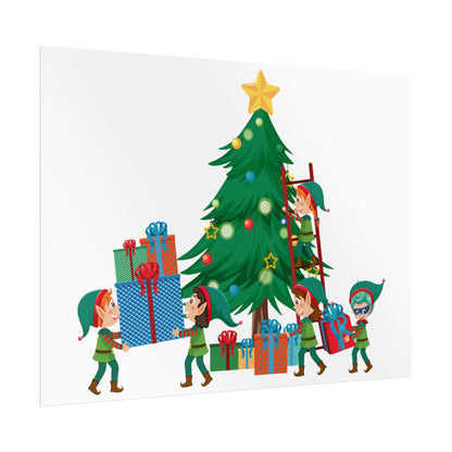 Rolled Posters - Super kiddo putting gifts on christmas tree - [[{"value":"Wonderwear Kid"}]]