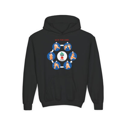 Youth Heavy Blend Hooded Sweatshirt - Super kiddo teaching how to wash hands - [[{"value":"Wonderwear Kid"}]]