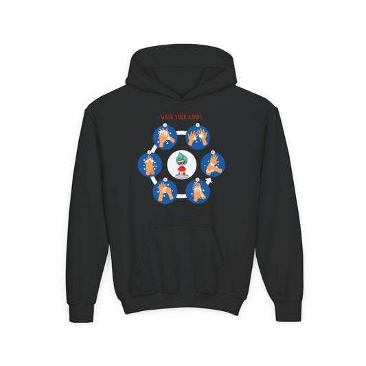 Youth Heavy Blend Hooded Sweatshirt - Super kiddo teaching how to wash hands - [[{"value":"Wonderwear Kid"}]]