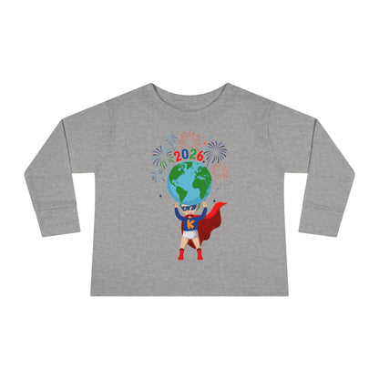 Toddler Long Sleeve Tee - Super kiddo holding globe - [[{"value":"Wonderwear Kid"}]]