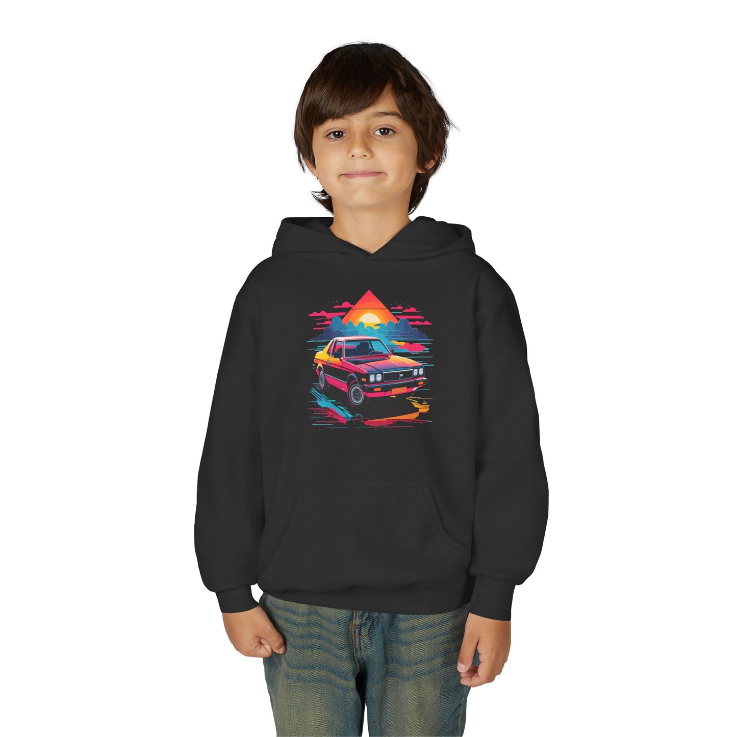 Youth Heavy Blend Hooded Sweatshirt - Retro Car and Sunset