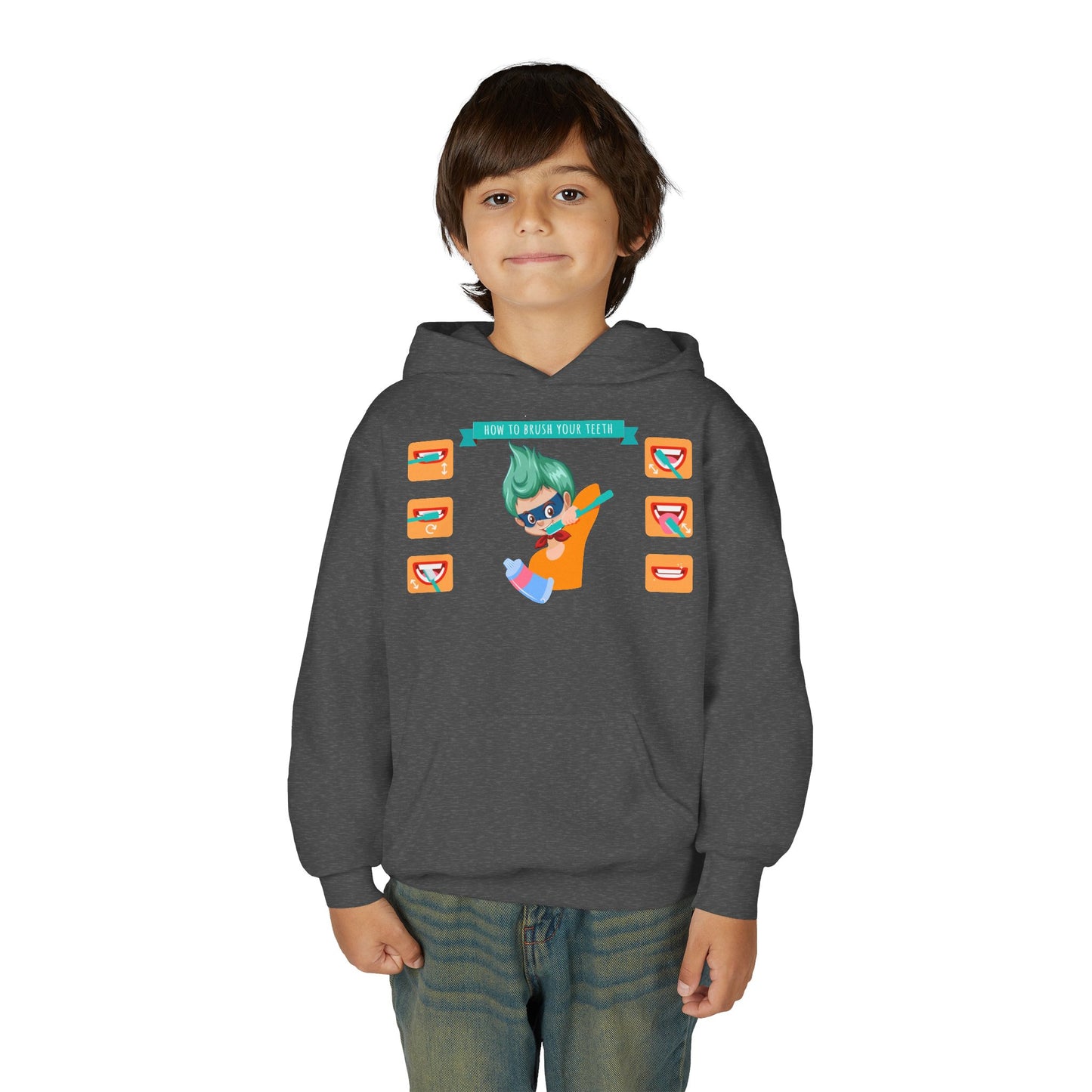 Youth Heavy Blend Hooded Sweatshirt - Super kiddo how to brush teeth
