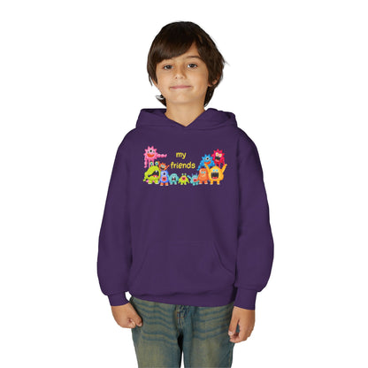 Youth Heavy Blend Hooded Sweatshirt - Colorful Monster Friends Printify