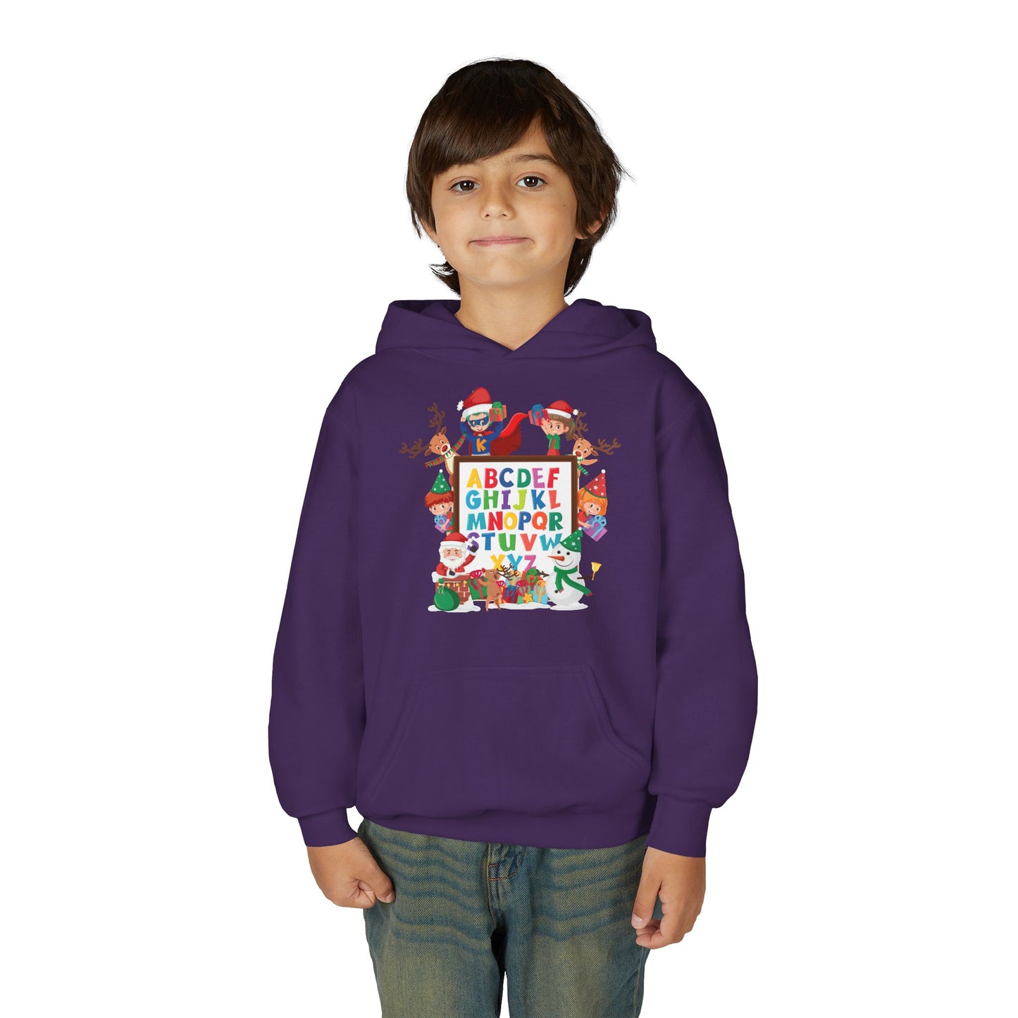 Youth Heavy Blend Hooded Sweatshirt - Christmas alphabet with super kiddo