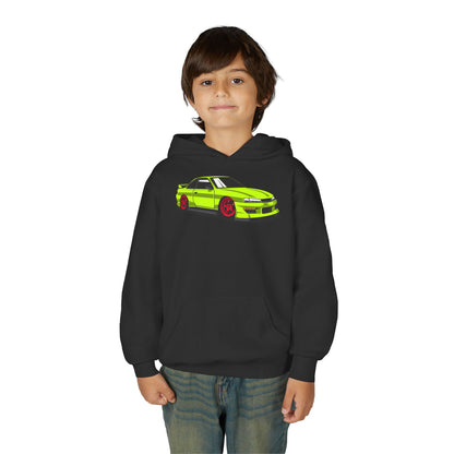 Youth Heavy Blend Hooded Sweatshirt - Yellow green race car Printify