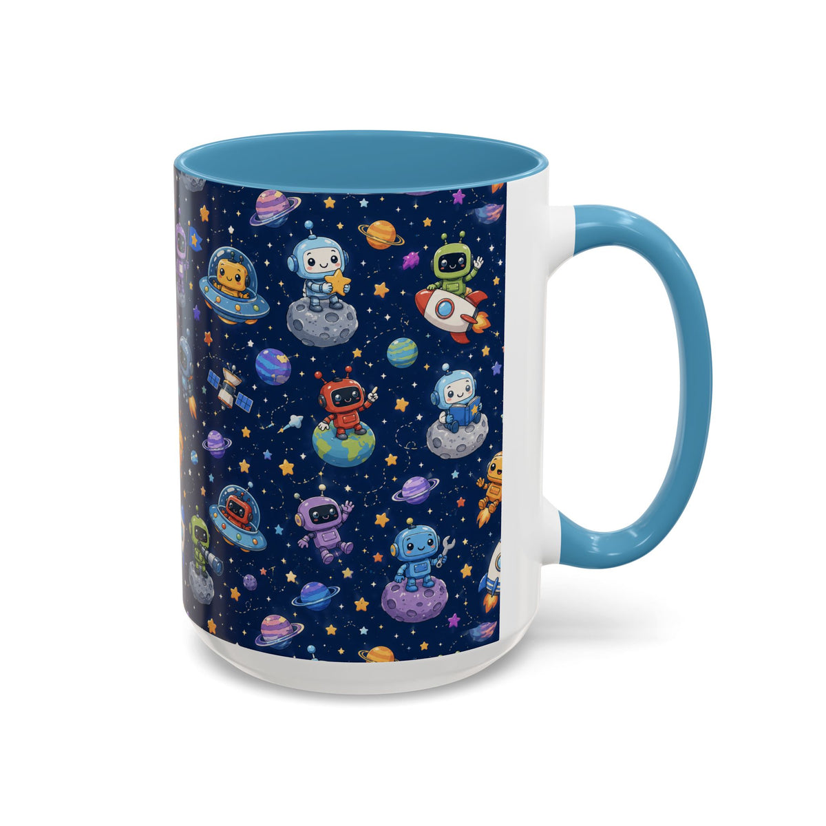 Galactic Robots Accent Coffee Mug — Cute Space Astronaut Pattern (11/15 oz)