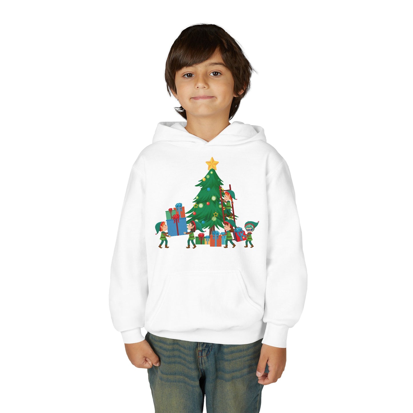 Youth Heavy Blend Hooded Sweatshirt - Super kiddo putting gifts on christmas tree