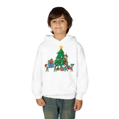 Youth Heavy Blend Hooded Sweatshirt - Super kiddo putting gifts on christmas tree - [[{"value":"Wonderwear Kid"}]]