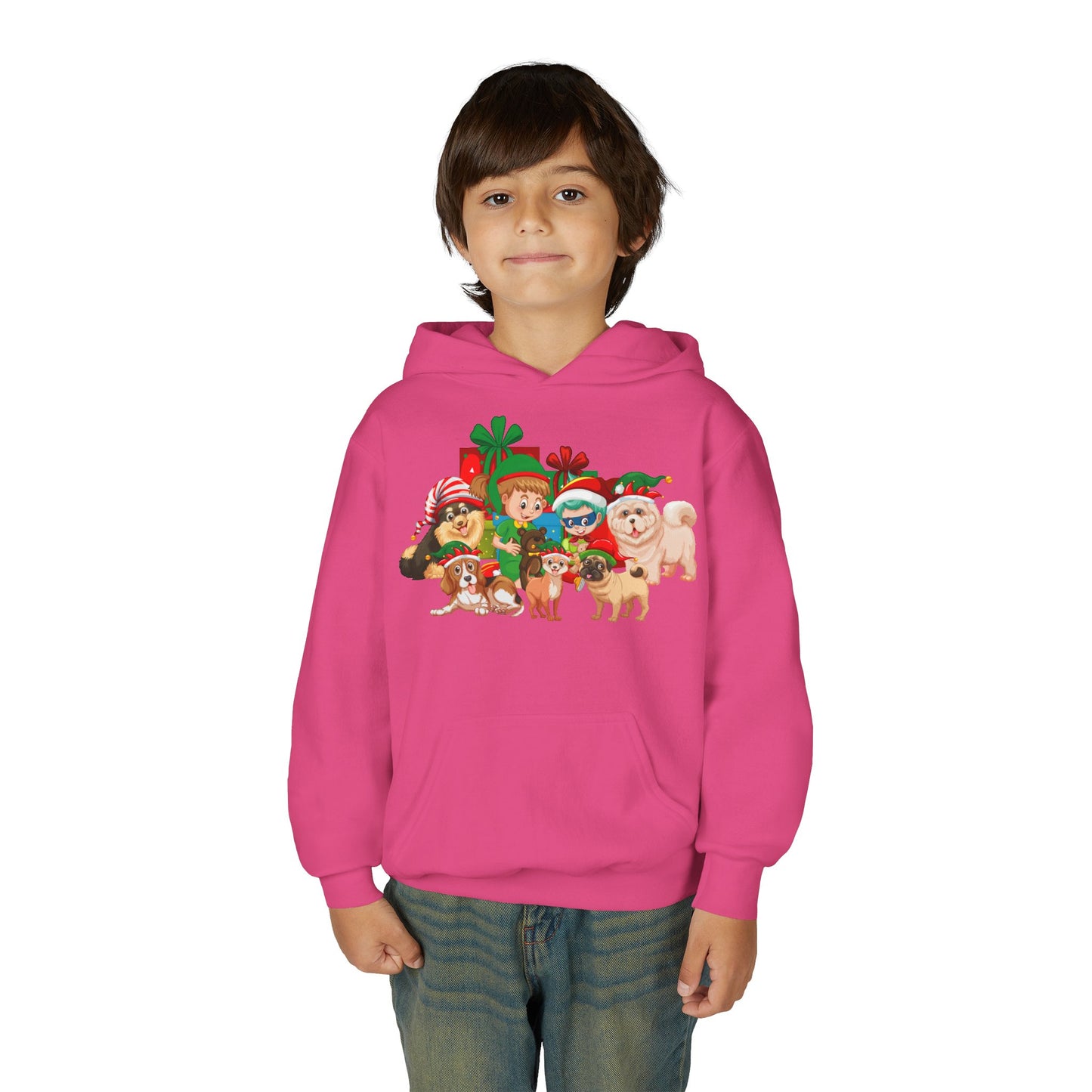 Youth Heavy Blend Hooded Sweatshirt - Christmas with super kiddo pet friends without text