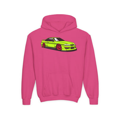 Youth Heavy Blend Hooded Sweatshirt - Yellow green race car Printify