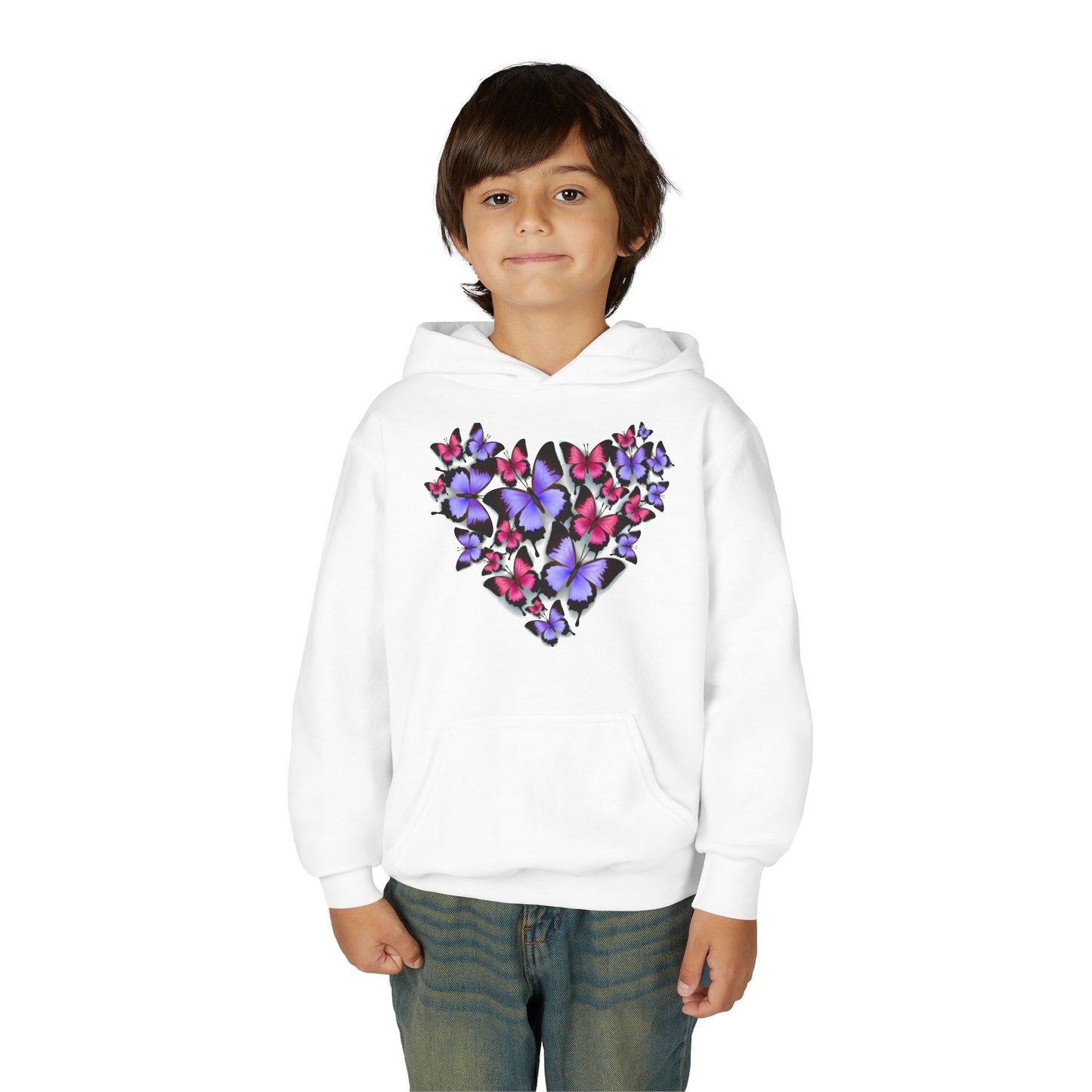 Youth Heavy Blend Hooded Sweatshirt -  Heart shape monarch butterfly