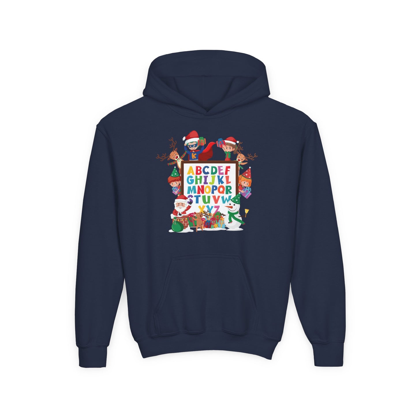 Youth Heavy Blend Hooded Sweatshirt - Christmas alphabet with super kiddo