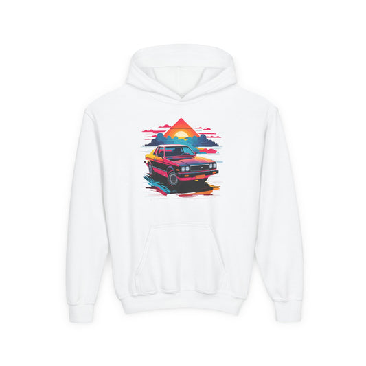 Youth Heavy Blend Hooded Sweatshirt - Retro Car and Sunset
