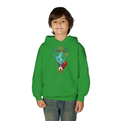 Youth Heavy Blend Hooded Sweatshirt - Super kiddo holding globe - [[{"value":"Wonderwear Kid"}]]