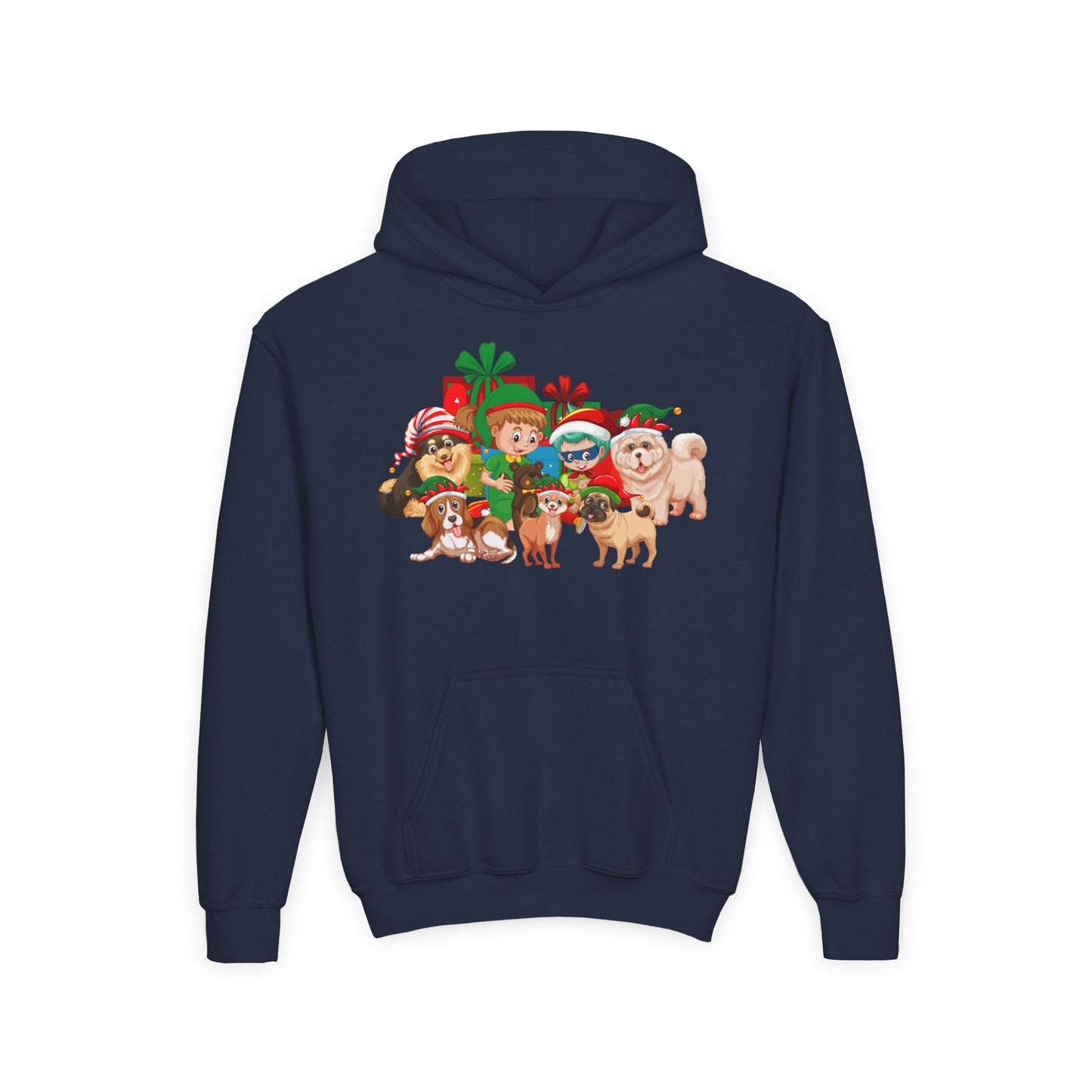 Youth Heavy Blend Hooded Sweatshirt - Christmas with super kiddo pet friends without text