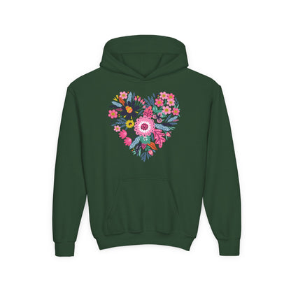 Youth Heavy Blend Hooded Sweatshirt - Flower hearts Printify