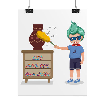 Rolled Posters - Super kiddo cleaning a vase - [[{"value":"Wonderwear Kid"}]]