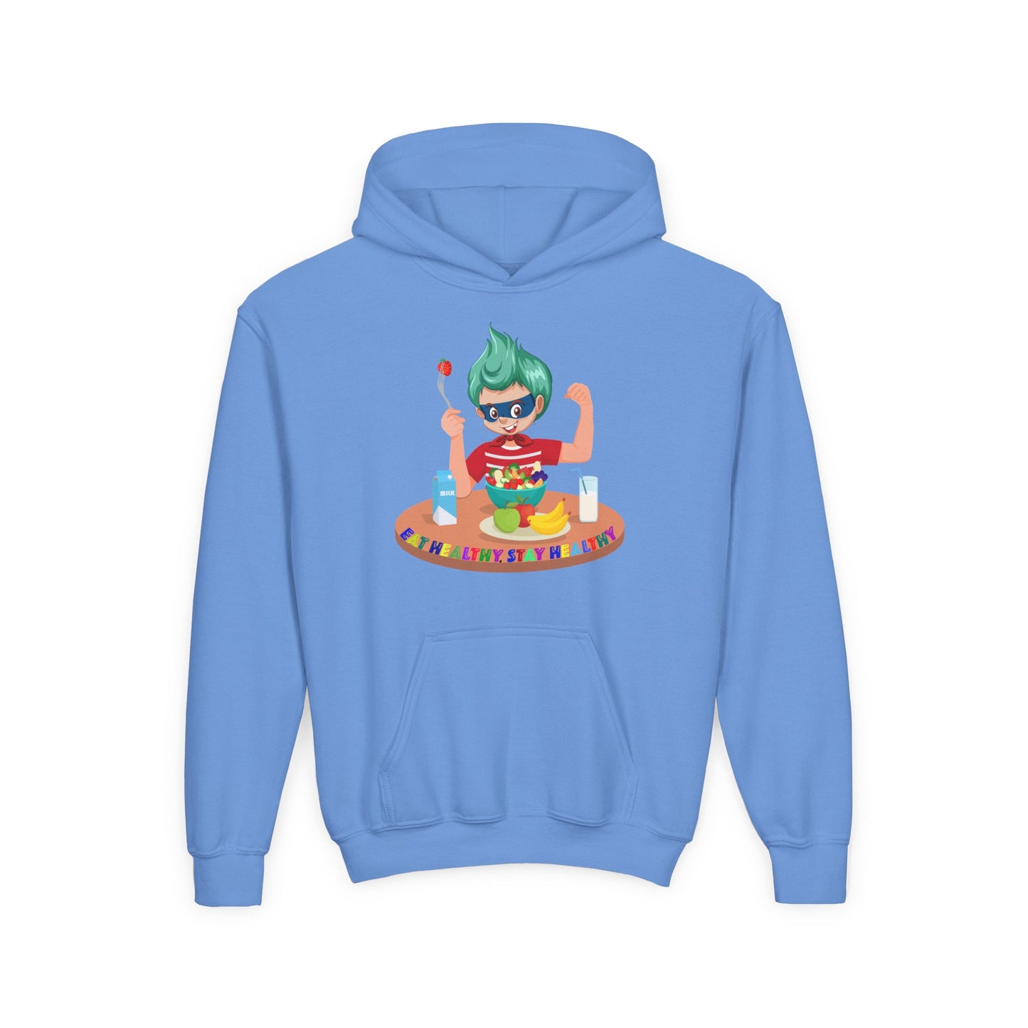 Youth Heavy Blend Hooded Sweatshirt - super kiddo eating healthy food