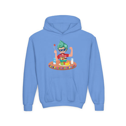 Youth Heavy Blend Hooded Sweatshirt - super kiddo eating healthy food - [[{"value":"Wonderwear Kid"}]]