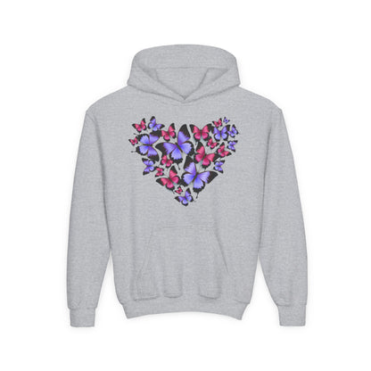 Youth Heavy Blend Hooded Sweatshirt -  Heart shape monarch butterfly Printify