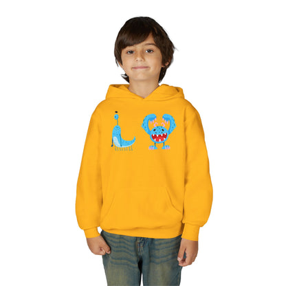 Youth Heavy Blend Hooded Sweatshirt - Happy toothy blue monsters Printify