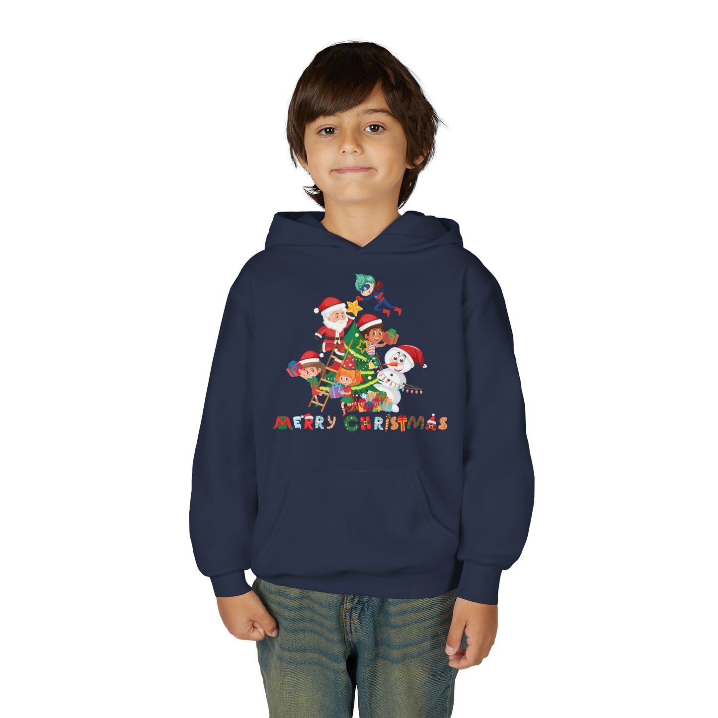 Youth Heavy Blend Hooded Sweatshirt - Super kiddo making christmas tree with text