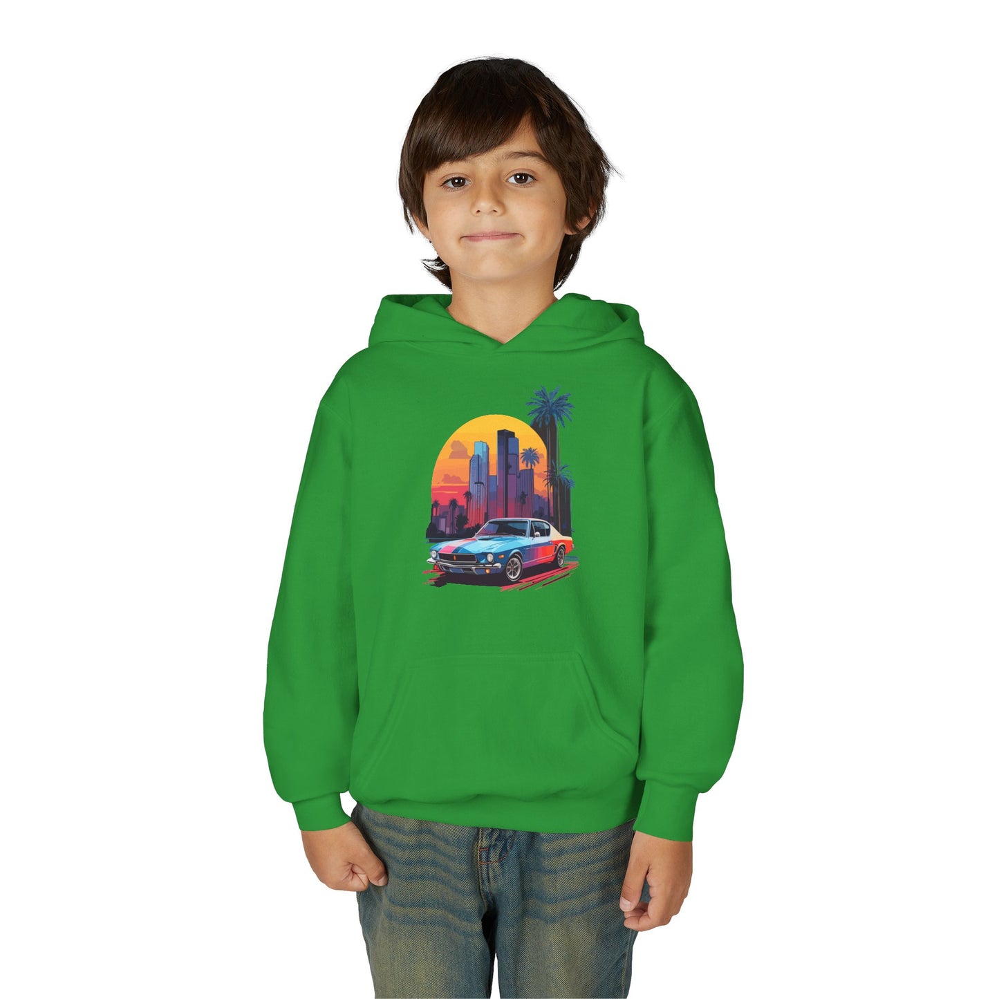 Youth Heavy Blend Hooded Sweatshirt - Vintage Car Sunset