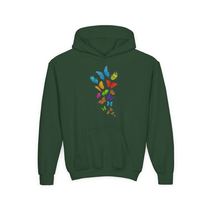 Youth Heavy Blend Hooded Sweatshirt - Group of colorful butterflies Printify