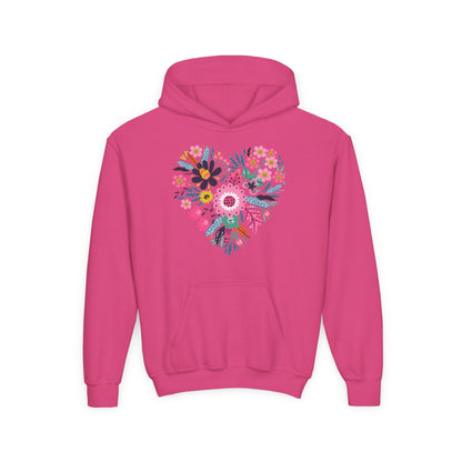 Youth Heavy Blend Hooded Sweatshirt - Flower hearts Printify