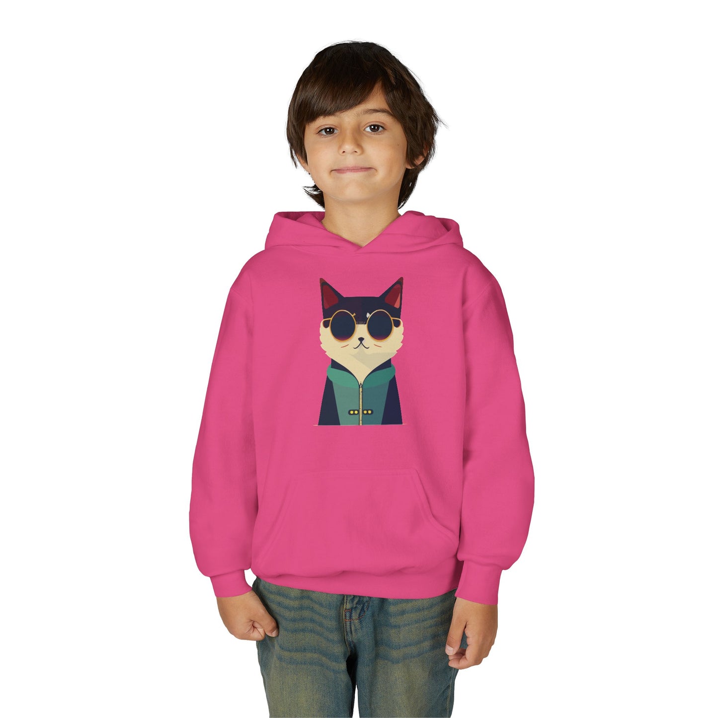 Youth Heavy Blend Hooded Sweatshirt - Cool Cat with Sunglasses