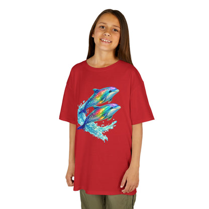 Kids Heavy Cotton™ Tee - Iridescent porpoises swimming in glowing water