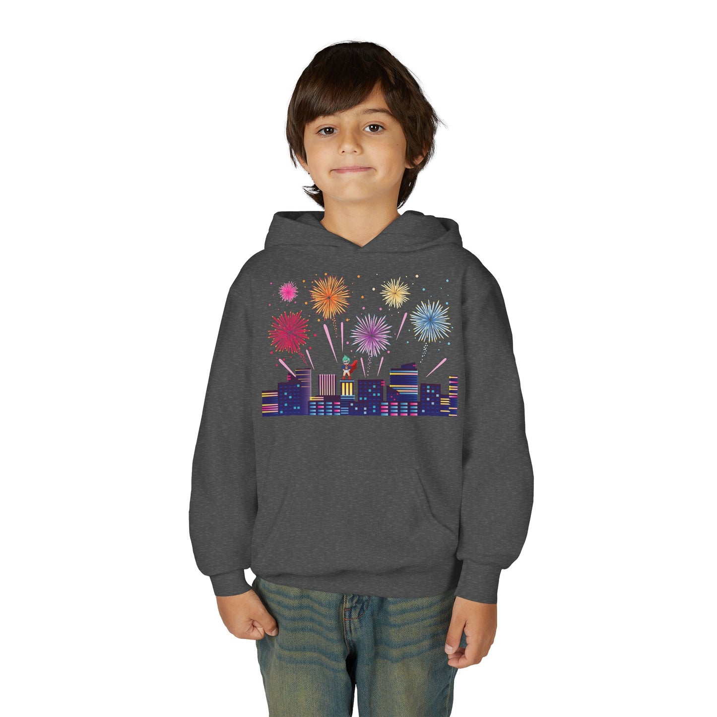 Youth Heavy Blend Hooded Sweatshirt - Super kiddo with fireworks