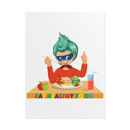 Rolled Posters - Super kiddo eating healthy breafast - [[{"value":"Wonderwear Kid"}]]