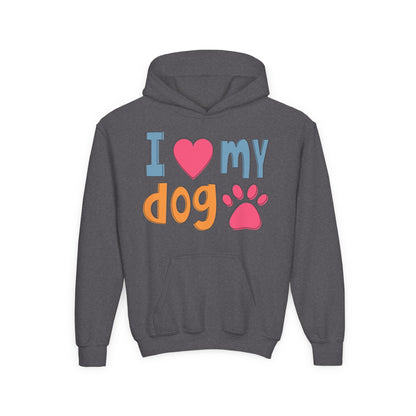 Youth Heavy Blend Hooded Sweatshirt - I love my dog Printify