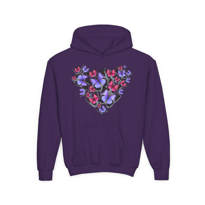 Youth Heavy Blend Hooded Sweatshirt -  Heart shape monarch butterfly Printify