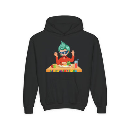 Youth Heavy Blend Hooded Sweatshirt - Super kiddo eating healthy breafast - [[{"value":"Wonderwear Kid"}]]