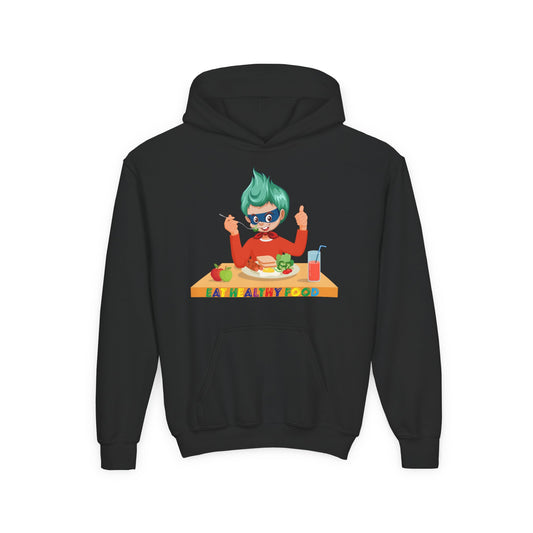 Youth Heavy Blend Hooded Sweatshirt - Super kiddo eating healthy breafast - [[{"value":"Wonderwear Kid"}]]