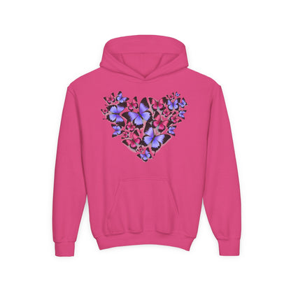 Youth Heavy Blend Hooded Sweatshirt -  Heart shape monarch butterfly Printify