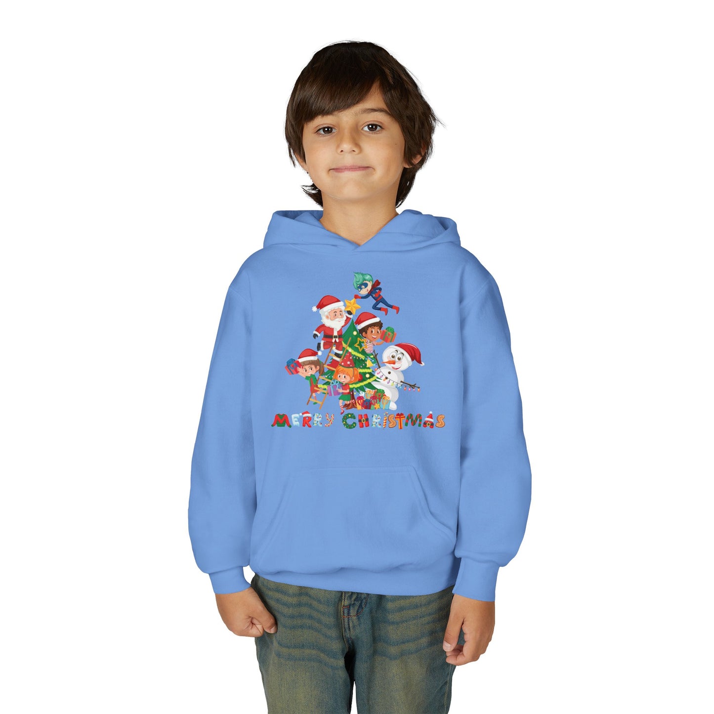 Youth Heavy Blend Hooded Sweatshirt - Super kiddo making christmas tree with text