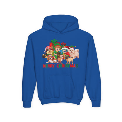 Youth Heavy Blend Hooded Sweatshirt - Christmas with super kiddo pet friends with text - [[{"value":"Wonderwear Kid"}]]